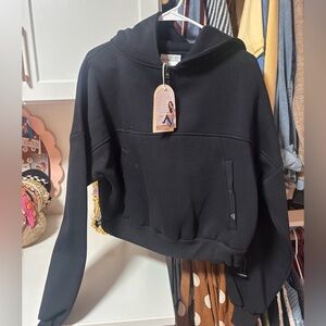 Black Cropped Hoodie with Front Pocket